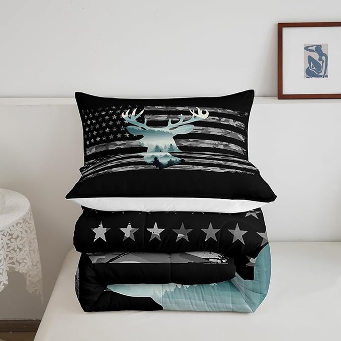 Feelyou Camo Hunting Bedding Set - Twin Size, Forest Smoky Deer Comforter, American Flag Duvet Set with 1 Pillow Case