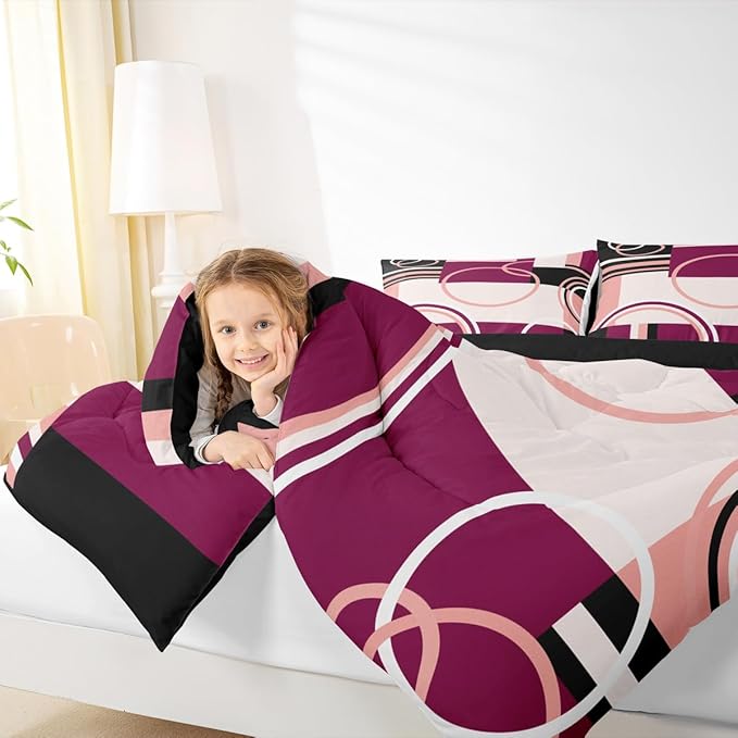 Geometric Circles Swirls Bedding Set Full Modern Pink Purple Black Gray Comforter Abstract Grid Quilted Duvet Stripes Square Duvet Insert Soft Microfiber Bedding Comforter Sets Simple Style