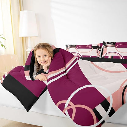 Geometric Circles Swirls Bedding Set Full Modern Pink Purple Black Gray Comforter Abstract Grid Quilted Duvet Stripes Square Duvet Insert Soft Microfiber Bedding Comforter Sets Simple Style
