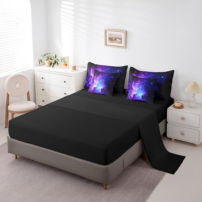 Feelyou Galaxy Comforter Set King Size 7 Pcs Girls Universe Outer Space Comforter Bed in a Bag Kids Purple Blue Starry Sky Bedding Set for Boys Bed Set with Sheets, Pillowcases, Pillow Covers