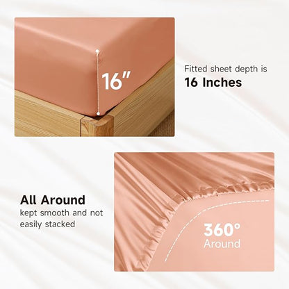 THXSILK Luxury Mulberry Silk Bed Sheets Set - 4pcs Silk Sheets Set 16" Deep Pocket - 1 Flat Sheet, 1 Fitted Sheet, 2 Pillowcases with Zipper Closure - Full, Peachy Pink