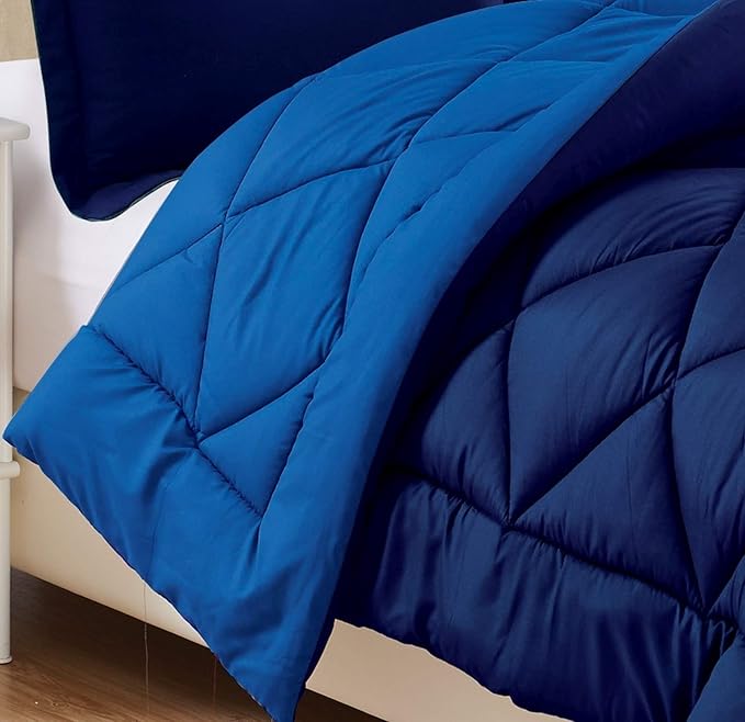 Elegant Comfort Goose Down Alternative -Diamond-Stitched- Quilted 3-Piece Reversible Comforter Set/Duvet Insert-Ultra Soft Bedding-Medium Warmth for All Seasons, Navy Blue/Light Blue, Full/Queen