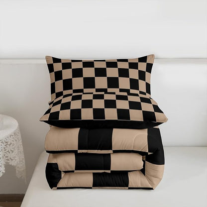 Feelyou Checkered Retro Kids Comforter Set Toddler Size Brown Plaid Bedding Set Geometric Vintage Duvet Quilt for Kids Boys Girls Bedroom Modern Simple Groovy Aesthetic Decor