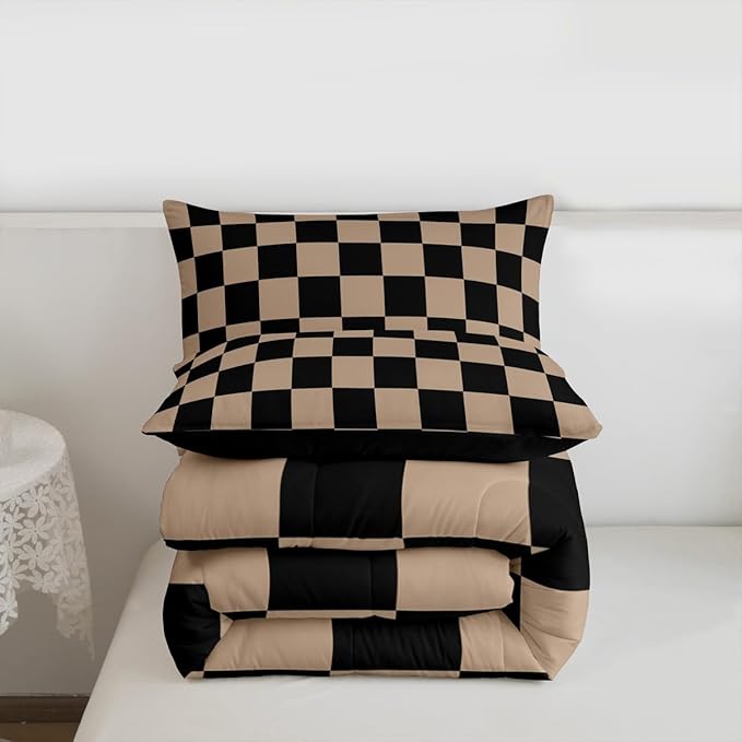 Checkered Retro Kids Comforter Set Full Size Brown Plaid Bedding Set Geometric Vintage Duvet Quilt for Kids Boys Girls Bedroom Modern Simple Groovy Aesthetic Decor