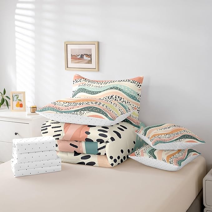 Geometric Wave Bedding Full Size 7-Piece Girls Pink Teal Beige Comforter Set, Black Polka Dots Bedding Comforter Sets Modern Abstract Art Bed in a Bag, Vintage Minimalist Bedding Accessories