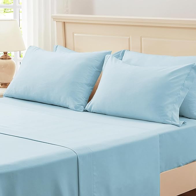 Zzlpp Queen Comforter Set 7 Pieces, Light Blue Seersucker Bed in a Bag with Comforter, Pillow Shams, Pillowcases, Flat Sheet, Fitted Sheet