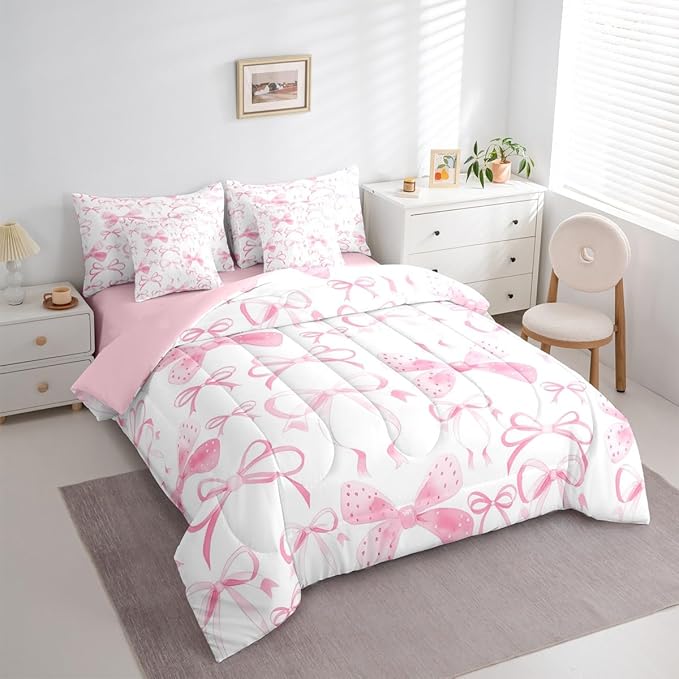 Feelyou Pink Bow Comforter Set with Sheets 7 Piece Twin Size Cute Bowknot Bed in a Bag Kids Boys Girls Pricess Style Bedding Set Kawaii Bedroom Decor Breathable Soft Lightweight Microfiber
