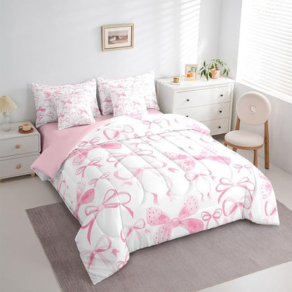 Feelyou Pink Bow Comforter Set with Sheets 7 Piece Twin Size Cute Bowknot Bed in a Bag Kids Boys Girls Pricess Style Bedding Set Kawaii Bedroom Decor Breathable Soft Lightweight Microfiber