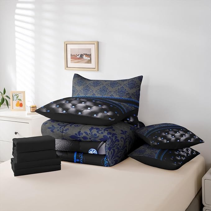 Blue Damask Bed in a Bag Queen Comforter Set 7-Piece | Luxury Black Diamond Texture Pattern Bohemian Bedding Sets Antique Decor Gothic Vintage Floral Comforter and Sheet Set, Boho Baroque Room Decor