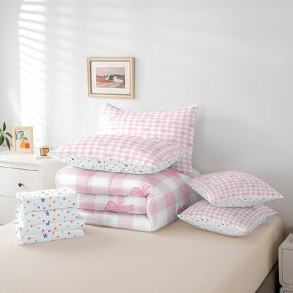 Feelyou Pink Bow Comforter Set with Sheets Full Size Kids Bowknot Pliad 7 Pieces Bedding Set for Boys Girls Teens Gift for Girls Women Grid Bed in a Bag Breathable Princess Décor Bed Set