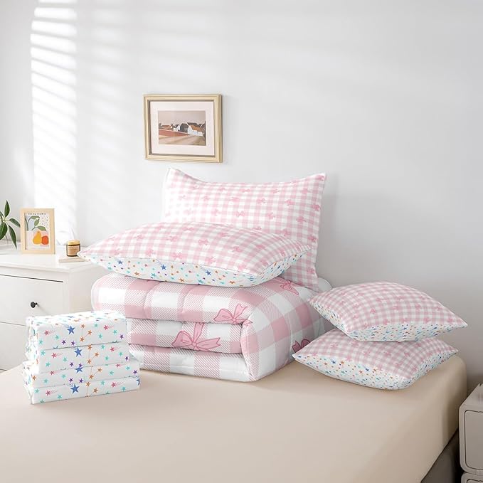 Feelyou Pink Bow Comforter Set with Sheets King Size Kids Bowknot Pliad 7 Pieces Bedding Set for Boys Girls Teens Gift for Girls Women Grid Bed in a Bag Breathable Princess Décor Bed Set