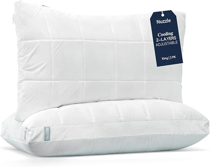 Nuzzle Cooling Adjustable Pillows for Side Sleepers, Luxury King Size Set of 2 Bed Pillows Hotel Collection - Best Adjust Height Soft Firm Pillows for Back, Stomach and Side Sleepers