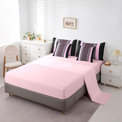 jejeloiu Adult Classic Jacquard 7 Piece Bedding Set King Size Damask Pattern Comforter Set with Sheets for Boys Girls Black Pink Stripe Bed in a Bag Baroque Bed Set