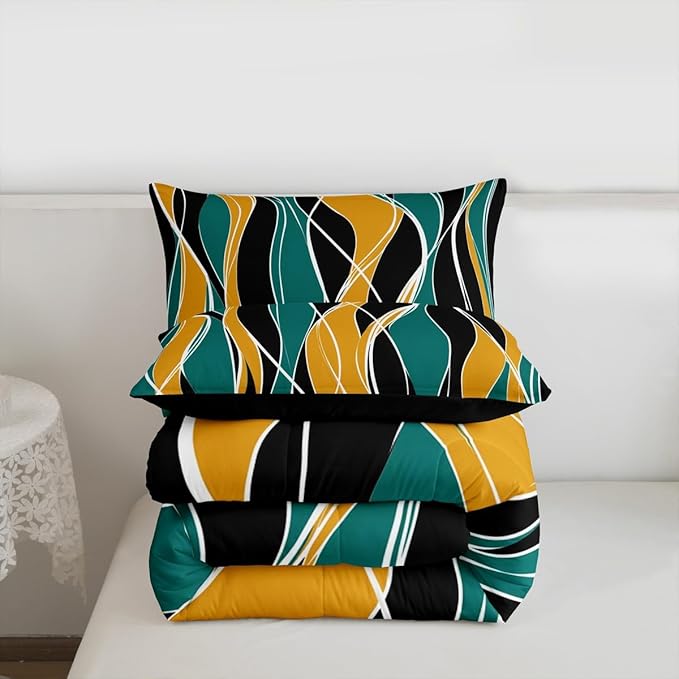 Erosebridal Modern Comforter Full Abstract Bedding Sets for Kids Teen, Orange Teal Black Down Comforter, Geometric Quilted Duvet Microfiber Lightweight Decorations 3 Pieces