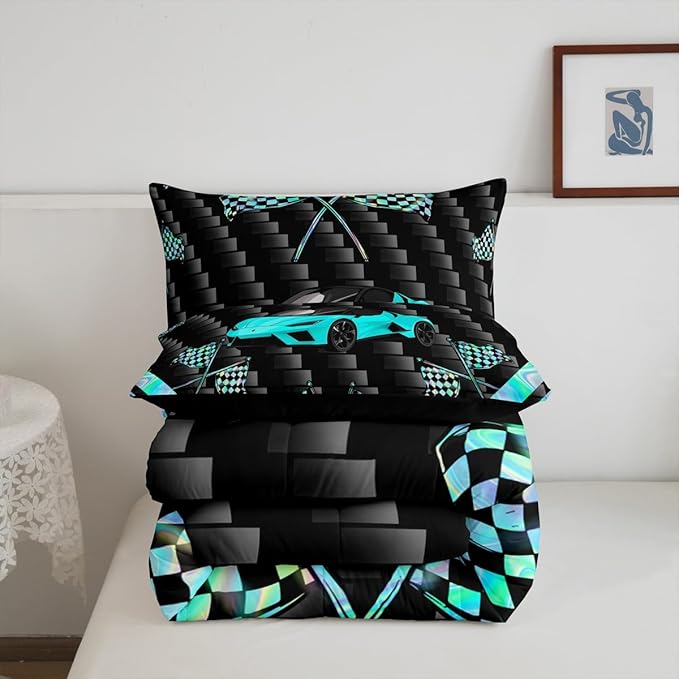 jejeloiu Teal Race Car Bedding Set Toddle Size Extreme Sports Comforter Set for Kids Teens Adult Fast and Furious Duvet Set Dazzling Flag Quilt Set 2Pcs