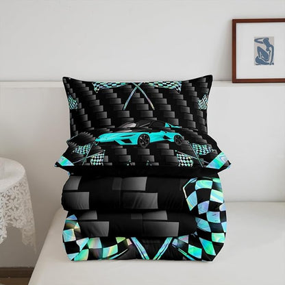 jejeloiu Teal Race Car Bedding Set King Size Extreme Sports Comforter Set for Kids Teens Adult Fast and Furious Duvet Set Dazzling Flag Quilt Set 3Pcs