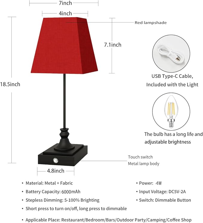 Rechargeable LED Table Lamps with Stepless Touch Control,Black Cordless Lamp for Living Room&Bedside&Patio&Shower,Small Desk Lamp(6000mAH Battery),2 Pack for Home Decor,Best Gifts for Family