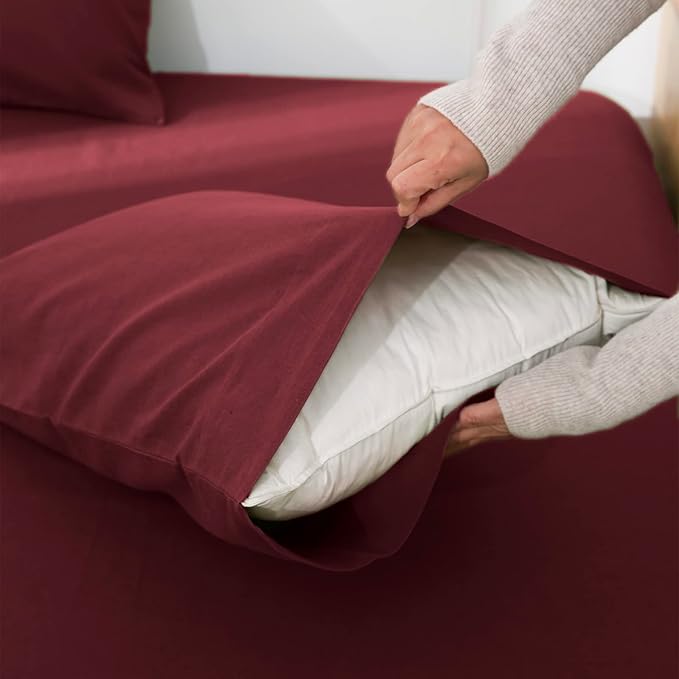 Simple&Opulence Belgian Linen Sheet Set Solid Color - 3 Pieces (1 Flat Sheet, 1 Fitted Sheet & 1 Pillowcase) Natural Flax Cotton Blend Soft Breathable Farmhouse Bedding - Twin Size, Burgundy Red