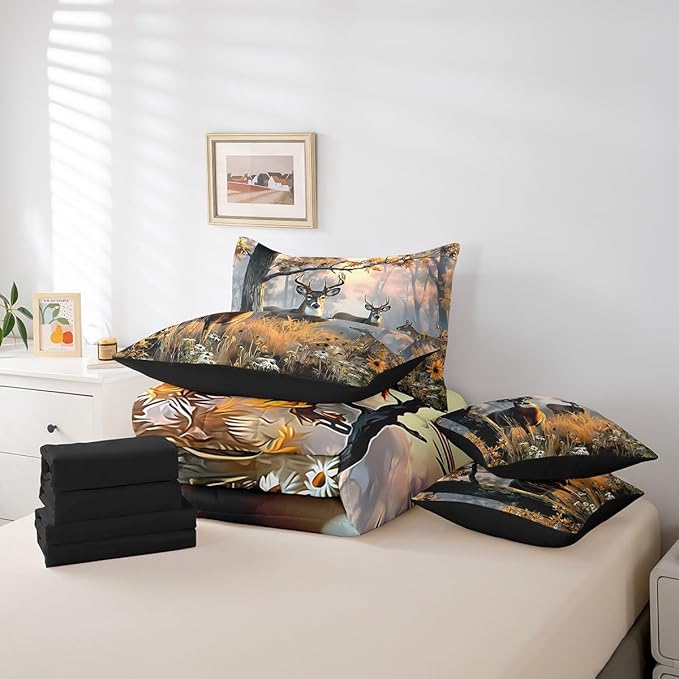 Erosebridal 7 Pcs Cute Deer Comforter Set for Kids Boys Girls Full Size - Woodland Hunting Deer Bedding Set with Sheets Woodland Wild Animal Bed in A Bag Farmhouse Rustic Cabin Lodge Duvet Insert