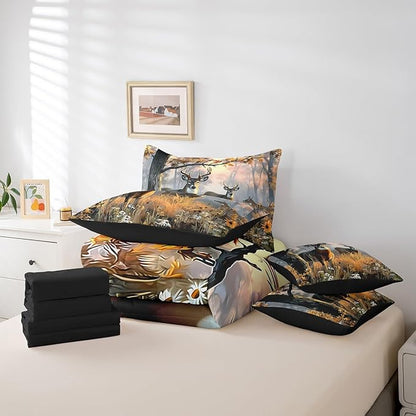 Erosebridal 7 Pcs Cute Deer Comforter Set for Kids Boys Girls Full Size - Woodland Hunting Deer Bedding Set with Sheets Woodland Wild Animal Bed in A Bag Farmhouse Rustic Cabin Lodge Duvet Insert