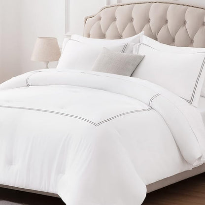 SLEEP ZONE Luxury Hotel Bedding Comforter Set 3-Piece Machine Washable, Lightweight Down Alternative Duvet Insert with Embroidered Stripes, King (106" x 95"), Grey Strips