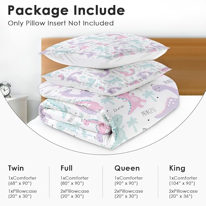 Princess Dinosaur Animal Comforter Set for Girls Kids Toddlers Teens Adults Twin, Cute Dino Pink Bedding Sets Water Washed Microfiber Bedding with 1 Comforter 1 Pillowcase All Season
