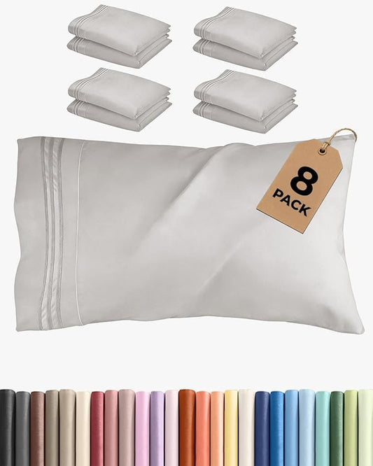 Queen Pillow Cases Set of 8 - Ultra Soft Hotel Quality Pillowcase Covers - Comfy, Cozy & Wrinkle Free - Shrink, Stain & Fade Resistant - Machine Washable Pillow Protectors - 8 Piece Set - French Grey