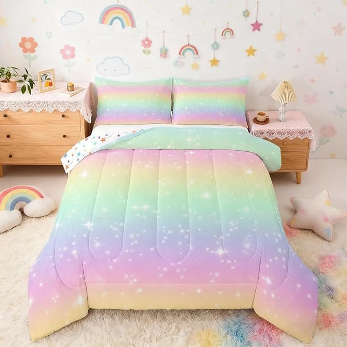 Feelyou Cute Rainbow Comforter Set Full Size Lovely Kids Rainbows Bedding Set for Kids Boys Girls Glitter Galaxy Duvet Quilt Multicolor Bedroom Decor Microfiber 3 Pcs with 2 Pillow Cases