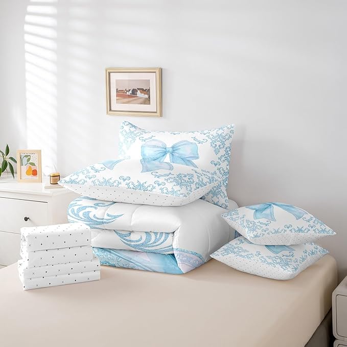 jejeloiu Girls Pretty Ribbon Blue Bow 7 Piece Bedding Set Full Size Blue Damask Comforter Set with Sheets for Kids Women Cute Bow Bed in a Bag Princess Bed Set