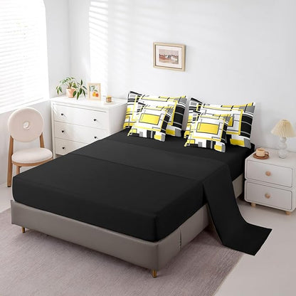 Erosebridal 7Pcs Yellow Black Modern Square Abstract Comforter Set King,Geometric Bed in A Bag for Women Men Adults,Boho Graffiti Stripes Striped Bedding with Bed Sheets,Mid Century Minimalist Quilt
