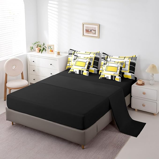 Erosebridal 7Pcs Yellow Black Modern Square Abstract Comforter Set Full,Geometric Bed in A Bag for Women Men Adults,Boho Graffiti Stripes Striped Bedding with Bed Sheets,Mid Century Minimalist Quilt