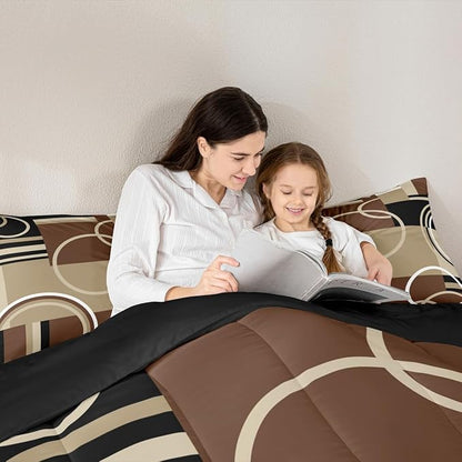 Erosebridal Modern Brown Grey Black Comforter Set Twin, Geometric Swirls Bedding Set for Boys Girls Kids, Circle Striped Down Comforter, Abstract Square Art Bedroom Decor Duvet Set with 1 Pillow Case