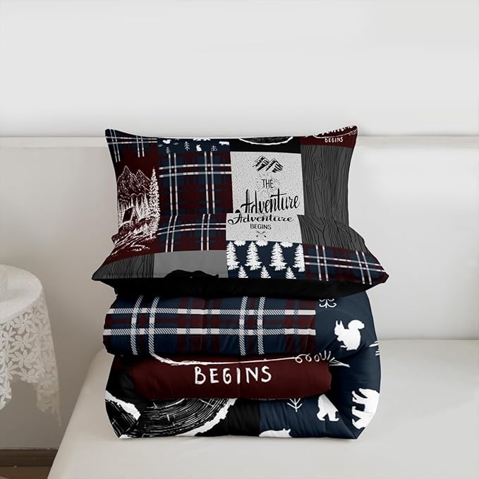Retro Cabin Bedding For Kids, Rustic Adventure Bear Deer Moose Comforter Set Full Size, Camping Hunting Wild Animal Bedding Comforter Sets Geometric Patchwork Lodge Decor Quilt Deer Decor For Home