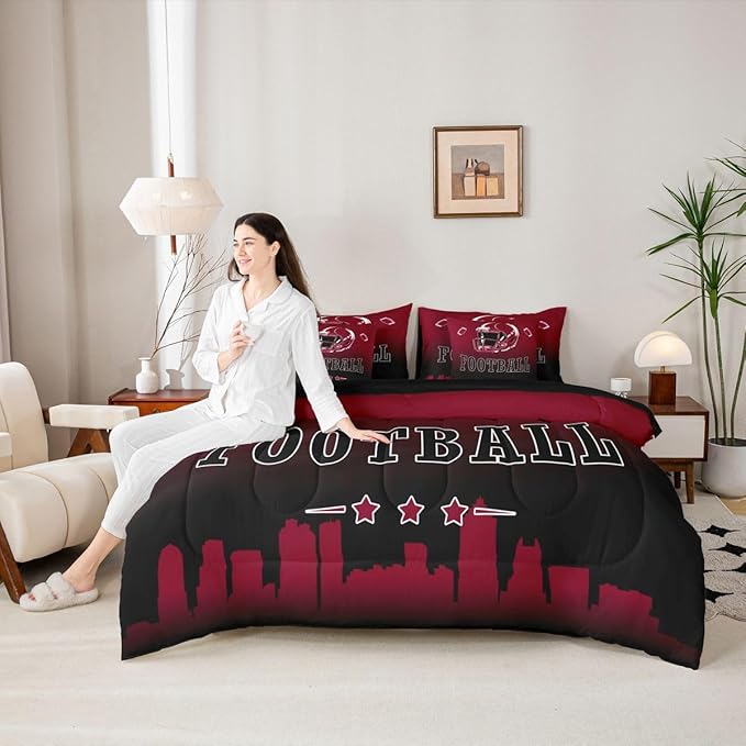 Erosebridal Football City 7 Piece Bedding Set King American Soccer Comforter Set with Sheets for Kids Boys Teen Adults,Sports Rugby Bed in A Bag Ball Competitive Games Bed Set,Brown Black