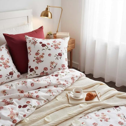 Nayoroom Vintage Floral Comforter Set Queen Size Red Pink Flower Botanical Leaf Pattern Spring Bedding Set 3 Pieces Soft Lightweight Aesthetic Garden Comforter for All Seasons