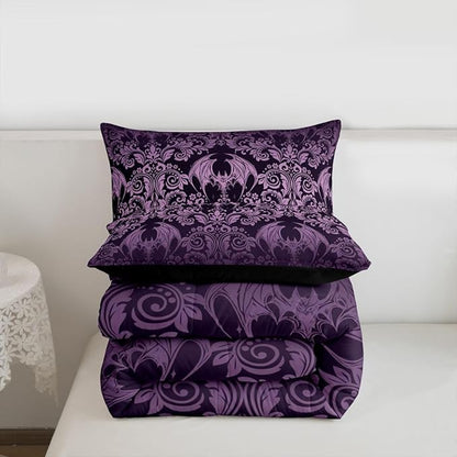 Feelyou Gothic Damask Print Comforter Set Full Size Purple Goth Bat Victorian Floral Bedding Set for KidsBoho Bohemian Exotic Duvet Quilt Bedroom Decor Microfiber 3 Pcs with 2 Pillow Cases