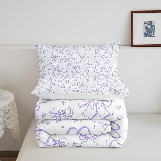 Purple Bowknots Bedding Set King Size,Cartoon Hand Drawn Stars Love Bow Comforter Set,Kawaii Princess Style Quilt Set for Kids Girls Women Teens Room Decor,Romantic Duvet Insert,2 Pillowcases