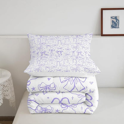Castle Fairy Purple Bow Comforter Set Twin Size, Cartoon Bow Bedding Set, Kawaii Princess Style Stars Love Bowknot Quilt Set for Kids Girls Women Teens Room Decor,Romantic Duvet Insert,1 Pillowcase