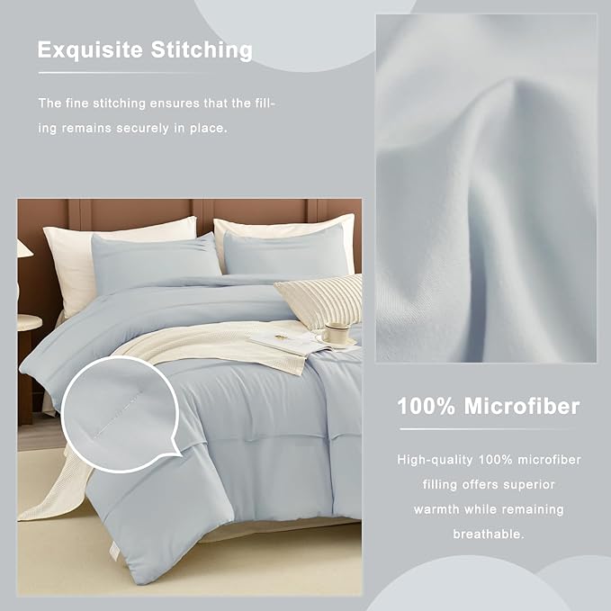 Masaca Oversized King Comforter 128x120,3 Pieces Pinch Pleated Light Blue Comforter Set Lightweight Modern Style Farmhouse Extra Large King Size Bedding for All Season