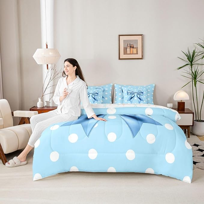Feelyou Blue Bowknot 7 Piece Bedding Set Polka Point Comforter Set with Sheets for Kids Boys Girls Cute Bow Bed in a Bag Princess Theme Bed Set Soft Lightweight