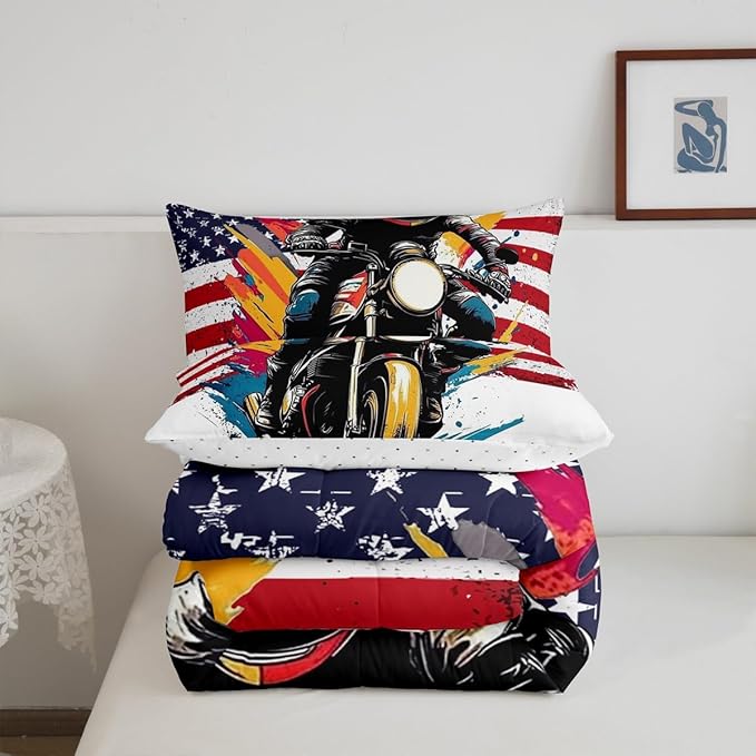 Feelyou Dirt Bike Comforter Set Queen Size American Flag Comforter Extreme Sports Bedding Set Racing Motocross Rider Duvet Set Room Decor White Quilt Set