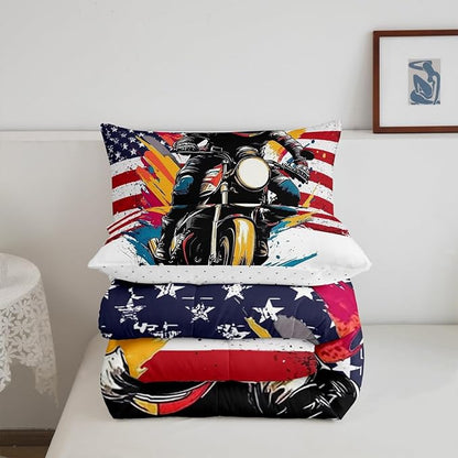 Feelyou Dirt Bike Comforter Set King Size American Flag Comforter Extreme Sports Bedding Set Racing Motocross Rider Duvet Set Room Decor White Quilt Set