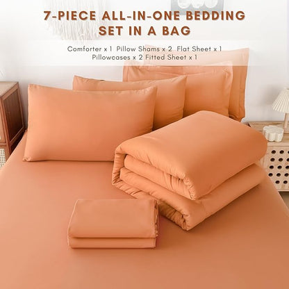 Cal King Comforter Duvet Cover Set Burnt Orange - 7-Piece Bed in a Bag, Double Brushed Micorfiber All-Season Soft Bedding with Sheets & Envelope Pillowcases(104"x90",Cal King)