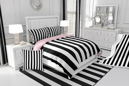 Erosebridal Black and White Striped Queen Comforter Set (Pink Reversible) | Striped Bedding Set Pink and Black Comforter Sets for Kids Teens Adults Cute Pinstripe Girls Bed Quilt Sets