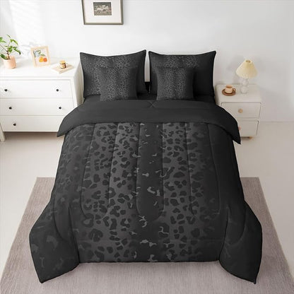 Erosebridal Ombre Black Grey Leopard Print 7 Piece Bedding Set Twin | Cheetah Fur Comforter Set with Sheets Animal Skin Pattern Bed in A Bag Women Men Adults Bed Sets