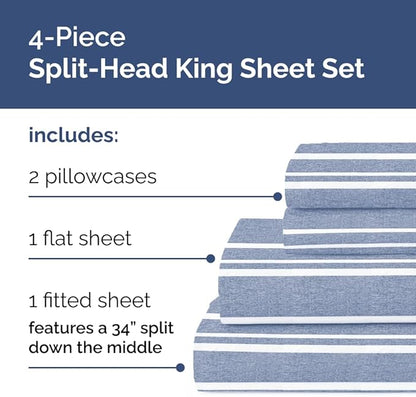 Flex Top Split Head King 4 Piece Sheet Set - Comfy Breathable & Cooling Bed Sheets Set - Hotel Luxury Bedding for Women, Men, Kids, Teens, Boys & Girls - Deep Pockets, Soft - Oeko-Tex - Blue Stripes