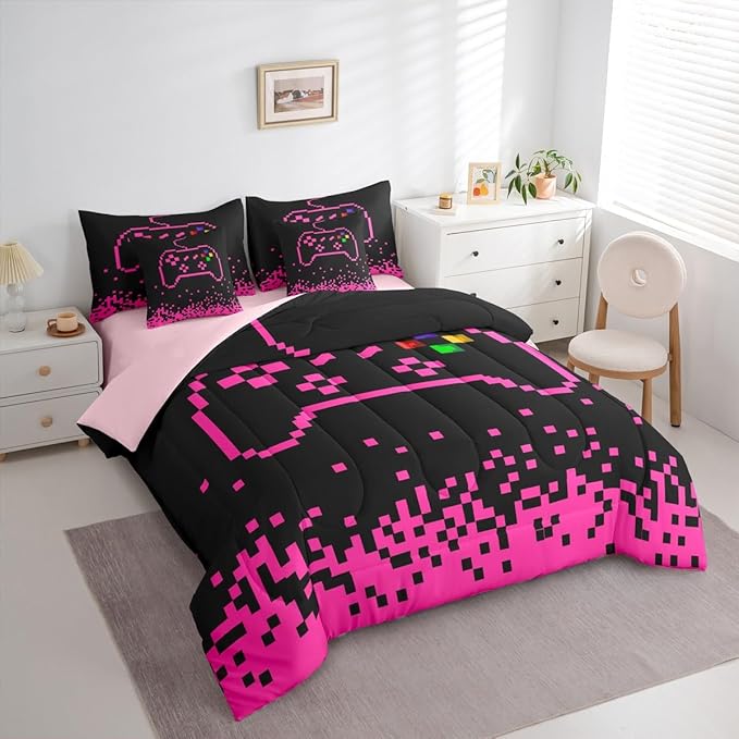 Castle Fairy Gamepad 7 Piece Bedding Set Full Size,Pixel Miners Games Comforter & Sheet Sets Pink Plaid Patchwork Bed in a Bag Modern Fashion Flat & Fitted Sheets,4 Pillow Covers