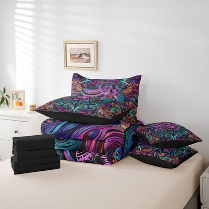 Erosebridal Elephant Queen Size Comforter Set African Animal Theme Bedding Comforter Sets Purple Gradient Bed in a Bag 7pcs Tribal Paisley Bedding Set Jungle Wildlife Bed Set Elephant Decor