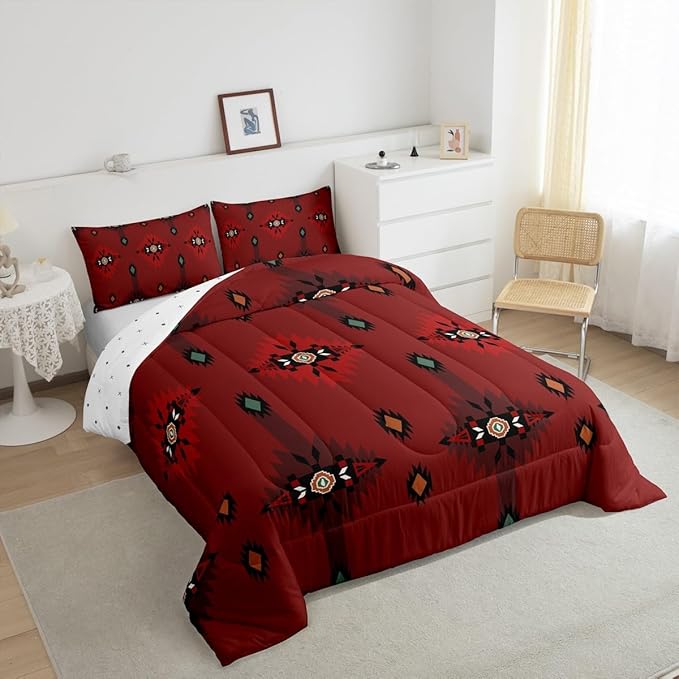 Feelyou Red Southwest Native Comforter Set Western Tribal Bedding Set Queen Size for Kids Boys Girls Teens Room Decor Geometric Boho Comforter Soft Microfiber