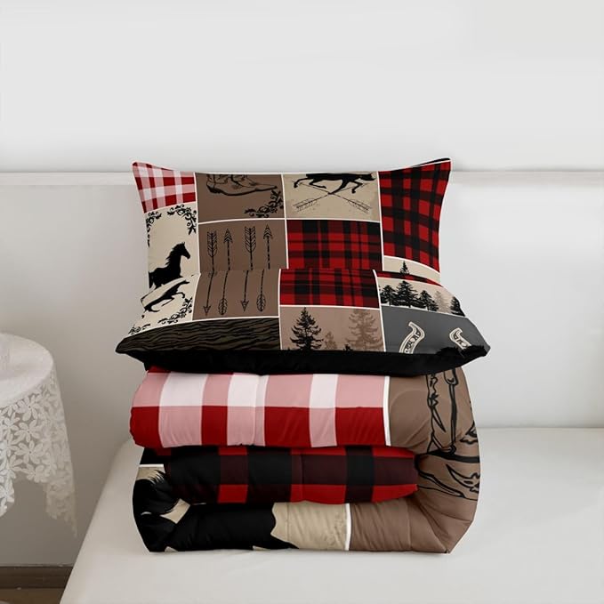 Erosebridal Rustic Patchwork Comforter Full, Retro Horse Bedding Set for Kids Teens Adult Checkered Buffalo Plaid Comforter Set Southwestern Riding Boots Horseshoe Duvet Insert Farmhouse Decorations